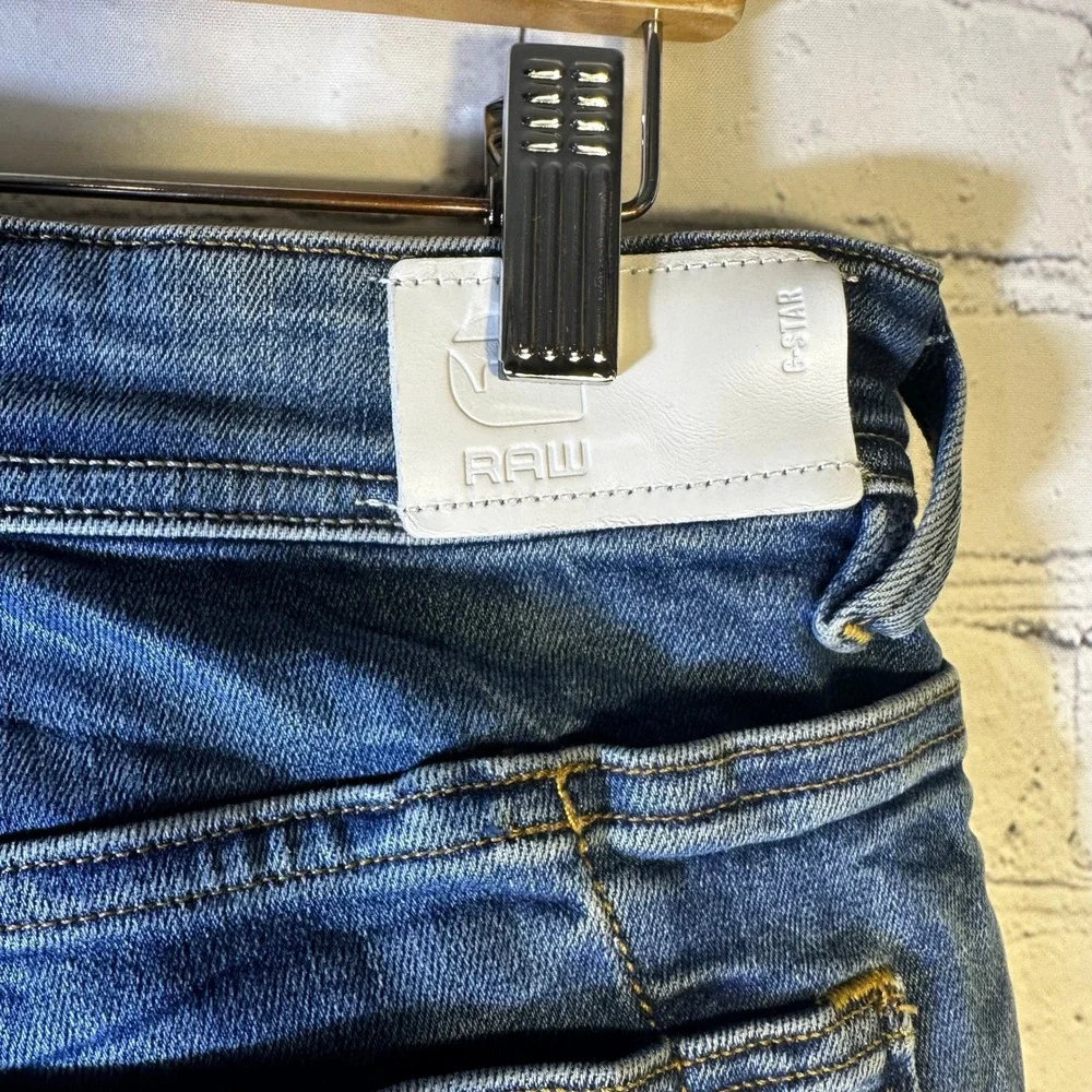 G-Star Raw 3301 Slim‎ Jeans Mens 35 Blue Medium Wash Distressed Denim Button Fly